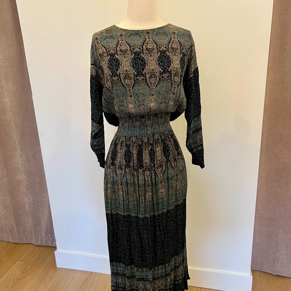 Free People Black and Green Patterned Long Sleeve Maxi Dress